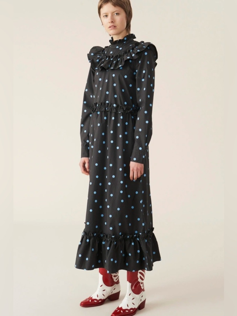 NWT Ganni Blue Polka Dot Cotton Poplins Ruffle Cottagecore Maxi Dress